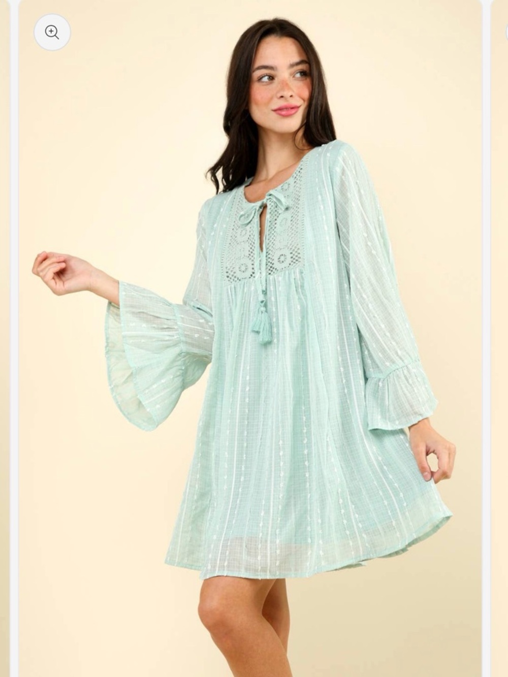 Very J Mint Green / Sage Embroidered Tassel Peasant Dress L